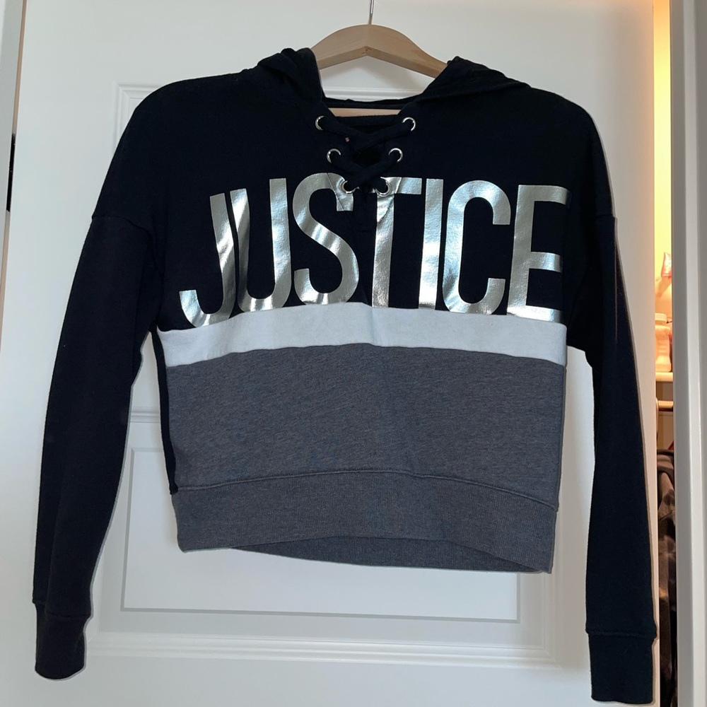 Black, gray, and white justice hoodie